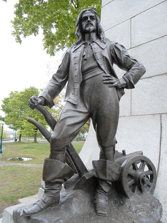 A statue of Guillaume Couillard in Quebec City. Guillaume Couillard was one of New France's first settlers.